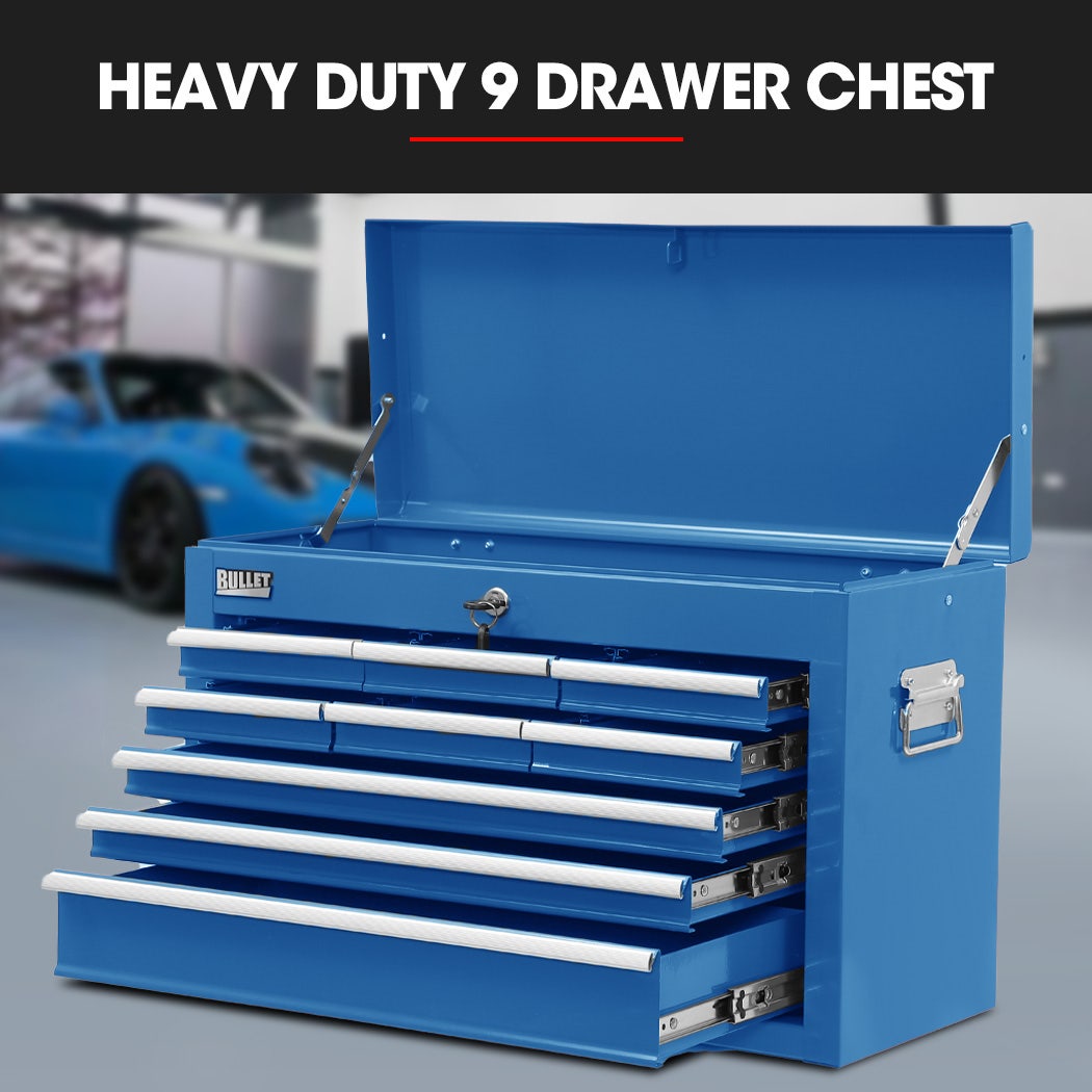 BULLET 9 Drawer Tool Box Chest, Organiser Mechanic Garage Storage Toolbox Set - Blue