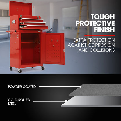 Bullet Pro 3 Drawer Tool Box Cabinet Trolley Storage, 1-Door Toolbox Garage Organiser Set, Red
