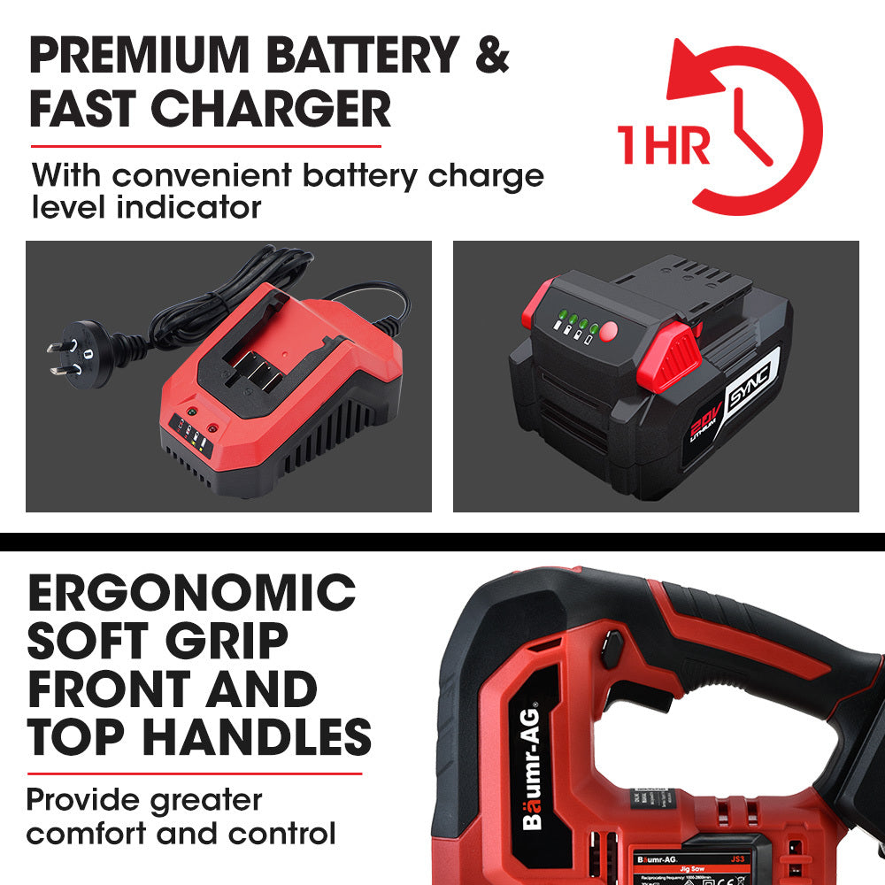 BAUMR-AG 20V Cordless Jigsaw Kit with Battery Operated Tool and Fast Charger