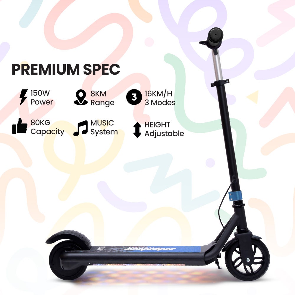 ALPHA Edge Electric Scooter, Kids & Teens, Adjustable Handlebars, 3 Speed Modes, Dual Foot E-Brake, Bluetooth Music, LED, Blue