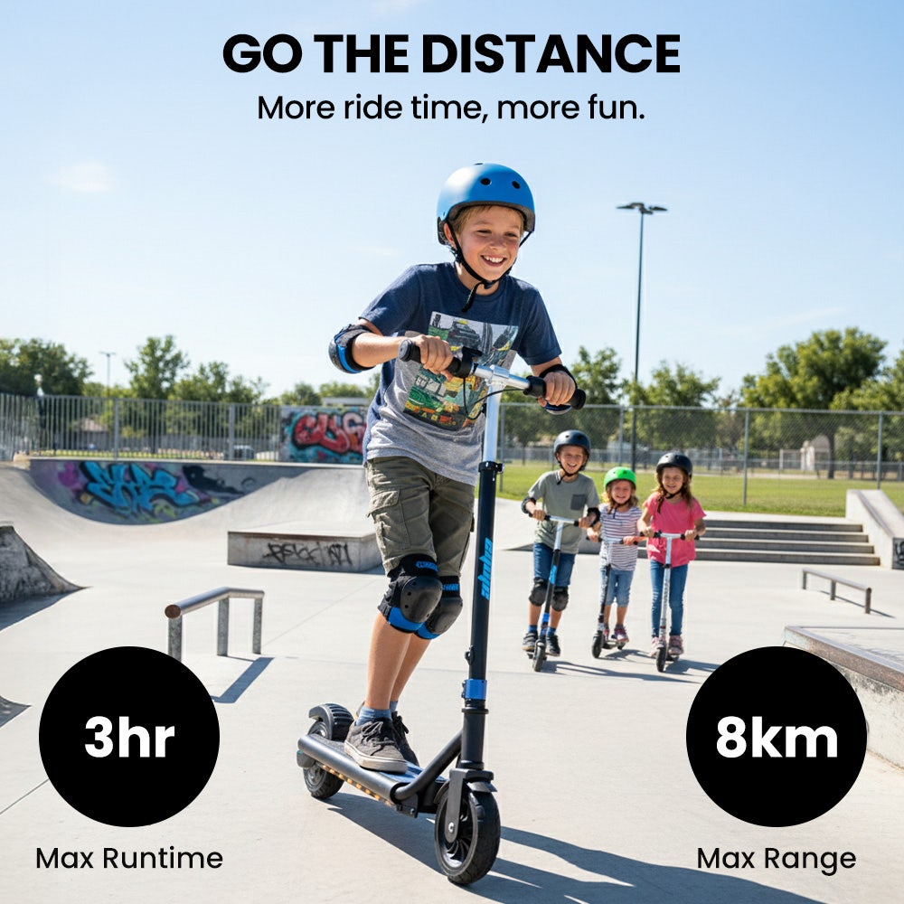 ALPHA Edge Electric Scooter, Kids & Teens, Adjustable Handlebars, 3 Speed Modes, Dual Foot E-Brake, Bluetooth Music, LED, Blue