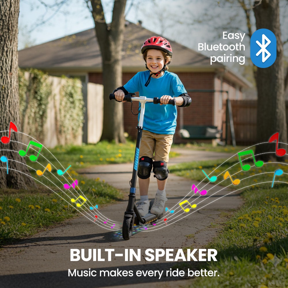ALPHA Edge Electric Scooter, Kids & Teens, Adjustable Handlebars, 3 Speed Modes, Dual Foot E-Brake, Bluetooth Music, LED, Blue