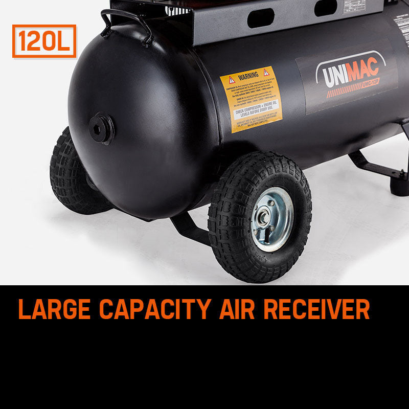 UNIMAC 8HP Air Compressor 115PSI 120L Petrol Powered Industrial Air