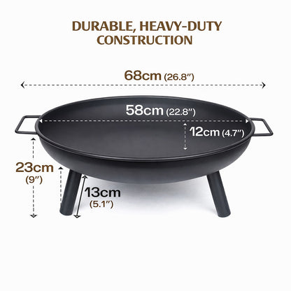 Outdoor Fire Pit 68cm Steel Fire Bowl Wood Burning Portable Heater Backyard Camping BBQ with Handles