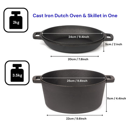 26cm 2-in-1 Cast Iron Dutch Oven & Skillet Set �C Pre-Seasoned Dual-Use Pot with Lid Fry Pan, Durable & Versatile Cookware