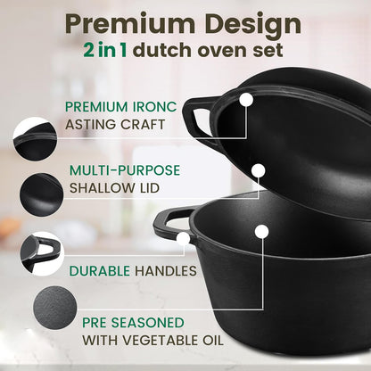 26cm 2-in-1 Cast Iron Dutch Oven & Skillet Set �C Pre-Seasoned Dual-Use Pot with Lid Fry Pan, Durable & Versatile Cookware