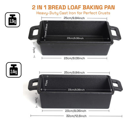 2-in-1 Cast Iron Bread Loaf Pan Tin with Lid �C Dual Use Baking Dish with Ergonomic Handles, Pre-Seasoned for Oven Cooking