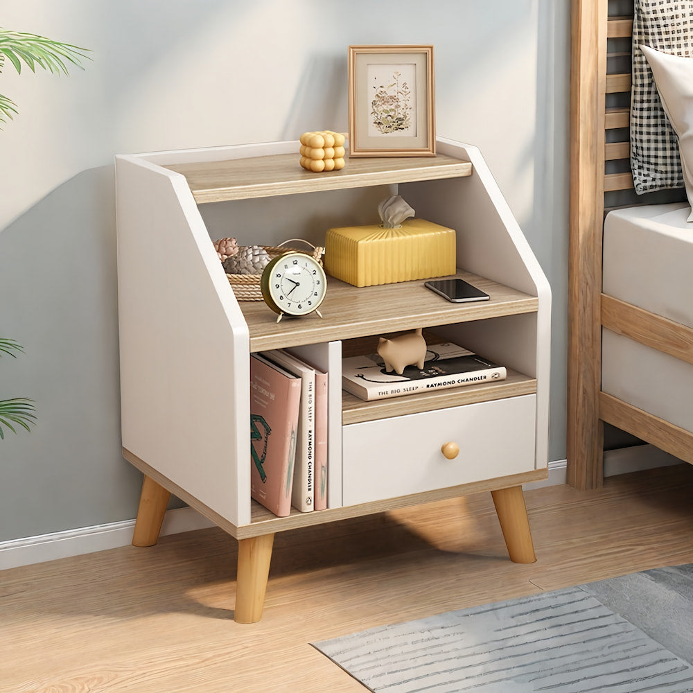Compact Nightstand Wooden Legs Open Shelves Side Compartment White Wood Design