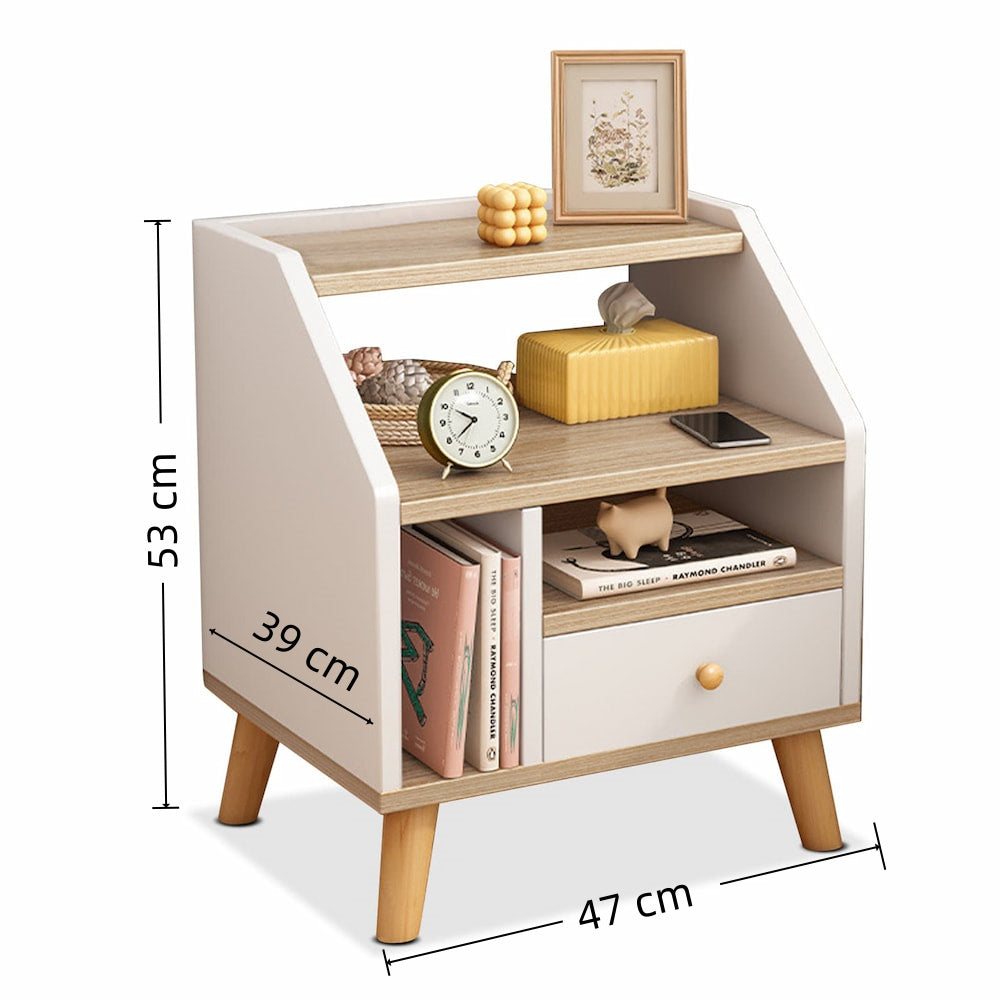 Compact Nightstand Wooden Legs Open Shelves Side Compartment White Wood Design