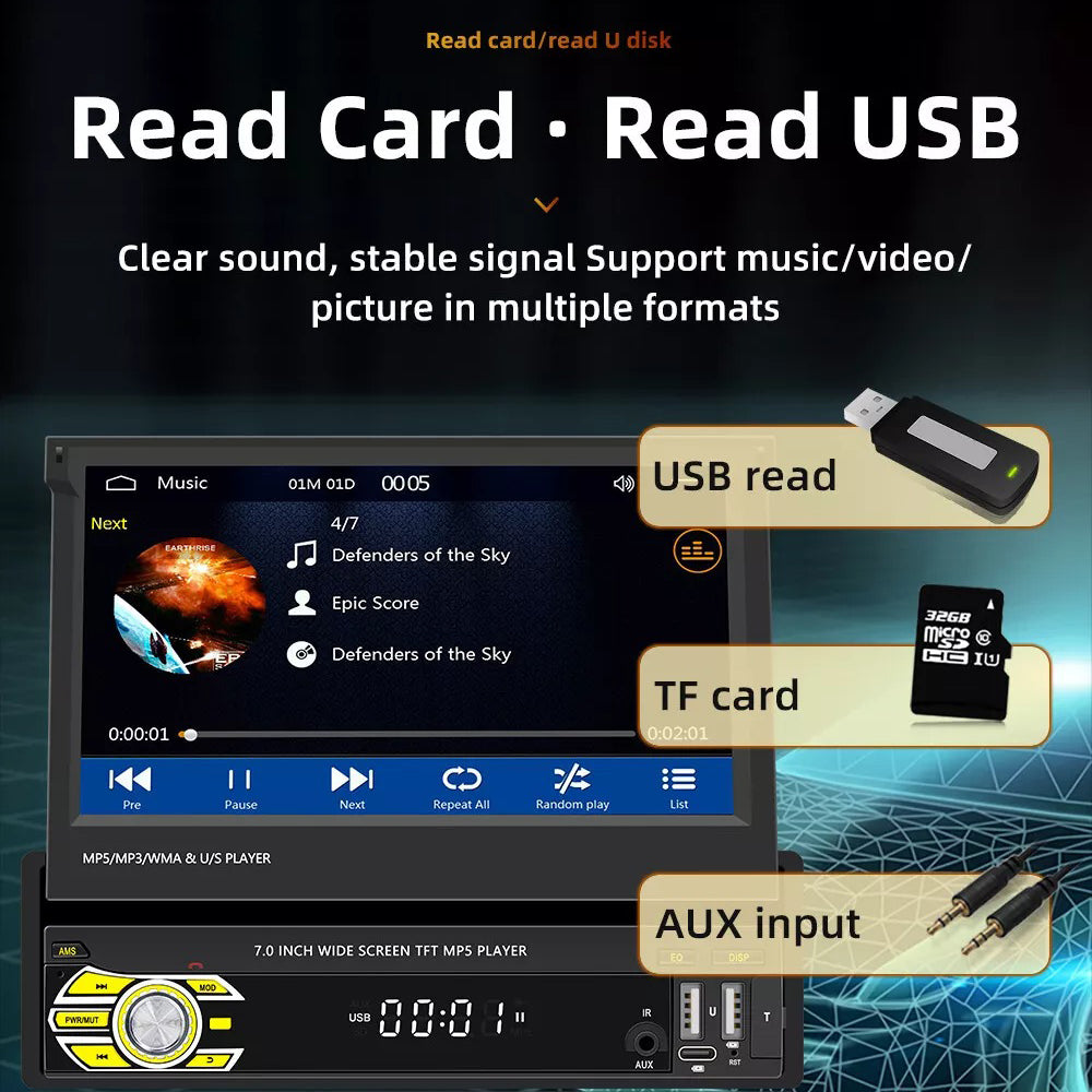 7in Universal Retractable Screen For Apple Carplay AndroidAuto With 12LED Rearview Camera