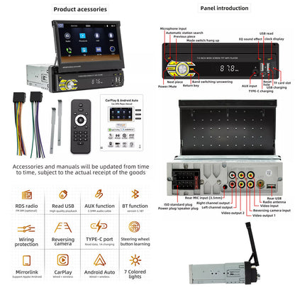 7in Universal Retractable Screen For Apple Carplay AndroidAuto With 12LED Rearview Camera