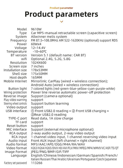 7in Universal Retractable Screen For Apple Carplay AndroidAuto With 12LED Rearview Camera