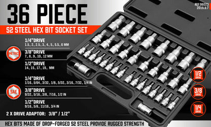 36-Piece Hex Bit Socket Set, SAE and Metric Sizes, S2