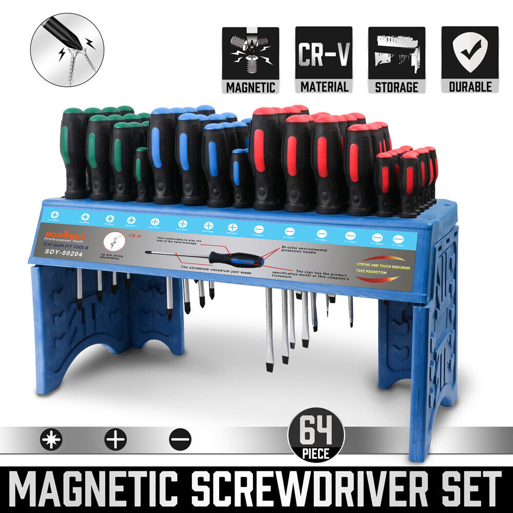 64-Piece Screwdriver with Stand Wall Mount Magnetic Tips Precision Au