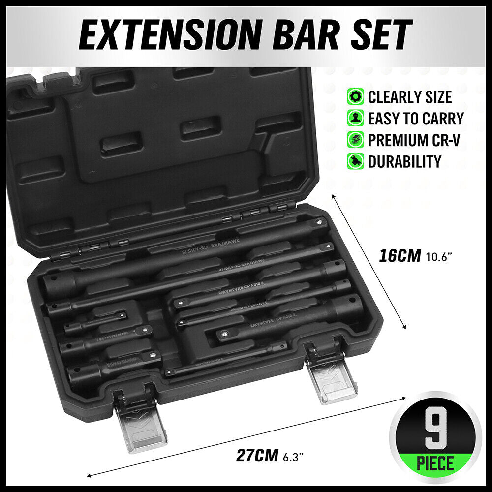 9Packs Extension Bar 1/4" 3/8" 1/2" Black Drive Socket Auto