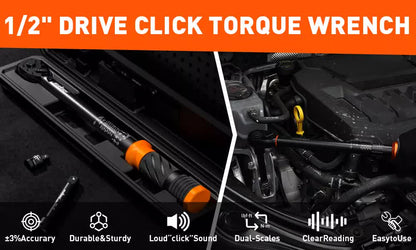 3Pc 1/2" Drive Click Torque Wrench Ratchet Socket Adaptor Extension WorkShop