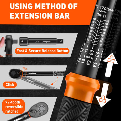 3Pc 1/2" Drive Click Torque Wrench Ratchet Socket Adaptor Extension WorkShop