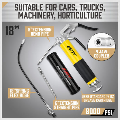 18inch Grease Gun 8000PSI Pistol Grip Flex Hose Heavy-Duty Barrel
