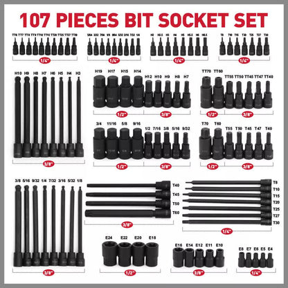 107Pack Hex & Torx Bit Socket E-Torx Extra Long Allen