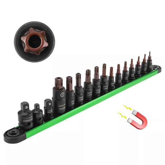 16-Piece Torx Star Bit Socket Magnetic Socket Rail Organizer T8-T60