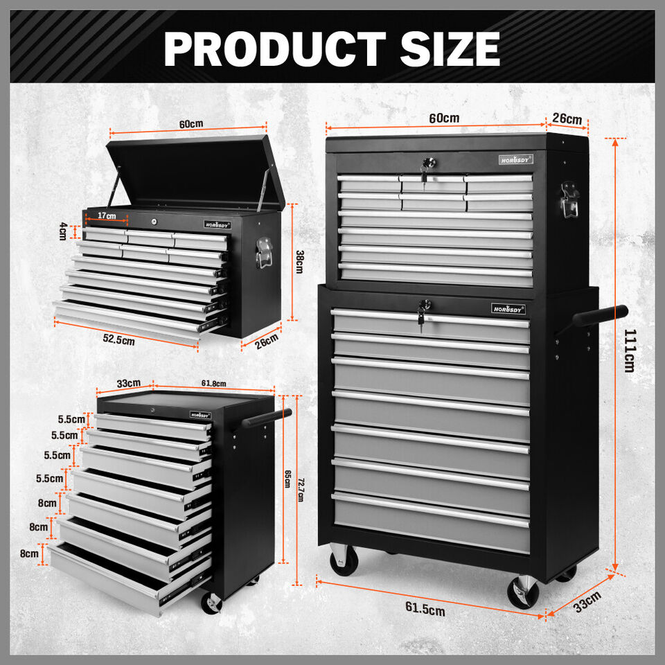 Grey 17 Drawer Tool Box Trolley Cabinet Storage Cart Garage