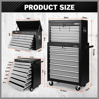 Grey 17 Drawer Tool Box Trolley Cabinet Storage Cart Garage