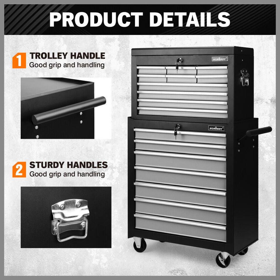 Grey 17 Drawer Tool Box Trolley Cabinet Storage Cart Garage