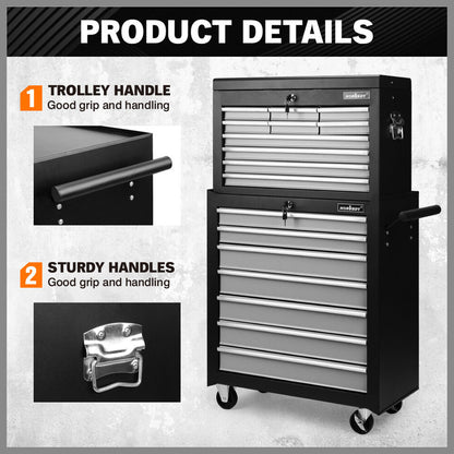 Grey 17 Drawer Tool Box Trolley Cabinet Storage Cart Garage