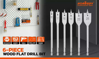 6-Pieces Flat Wood Boring Spade Drill Bit Drillbits 10-25mm Bits