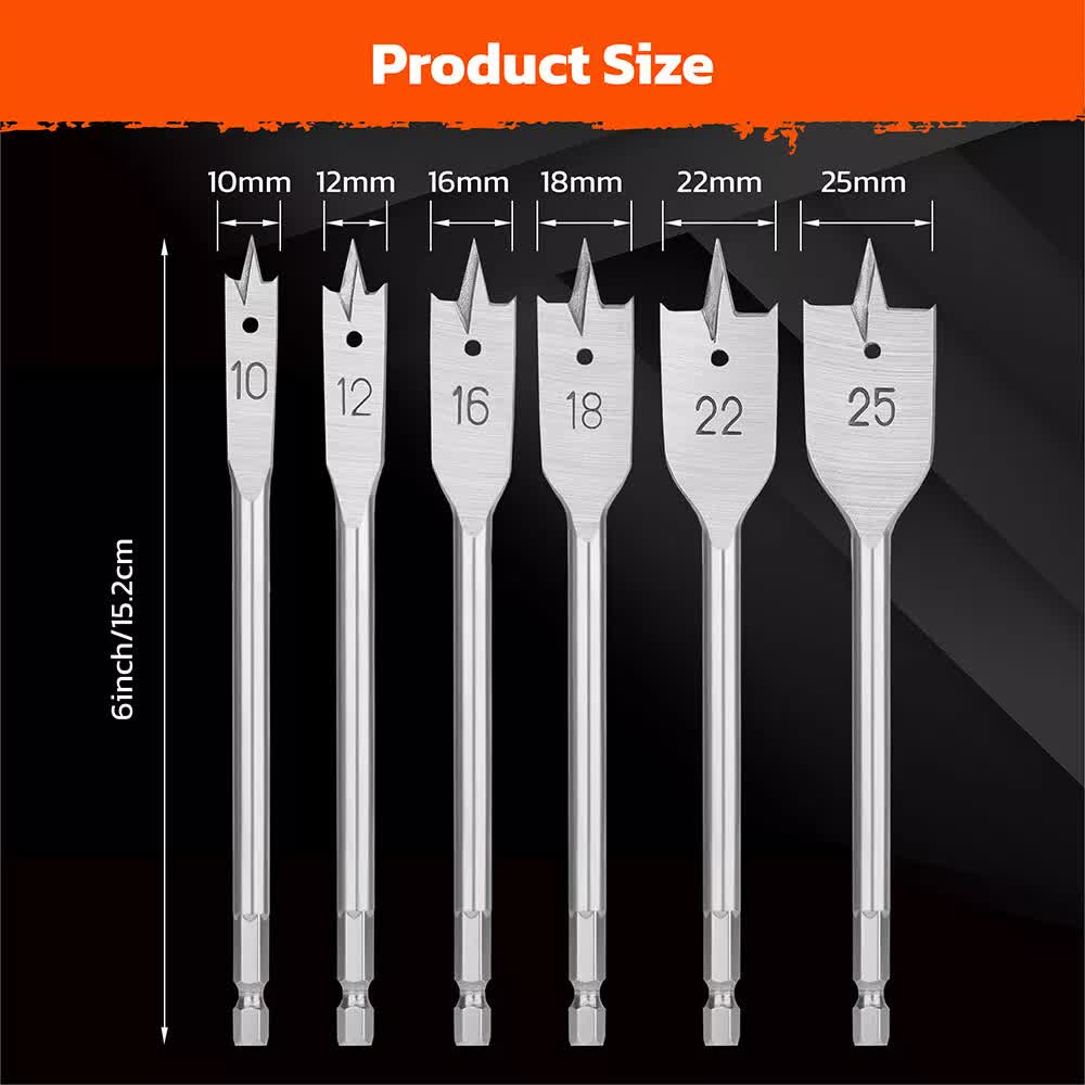6-Pieces Flat Wood Boring Spade Drill Bit Drillbits 10-25mm Bits