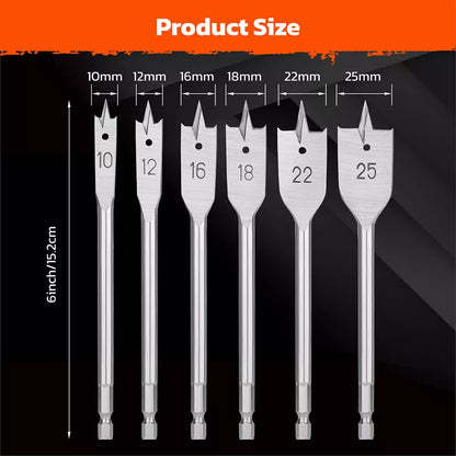 6-Pieces Flat Wood Boring Spade Drill Bit Drillbits 10-25mm Bits