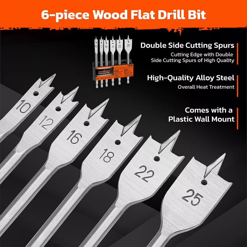 6-Pieces Flat Wood Boring Spade Drill Bit Drillbits 10-25mm Bits