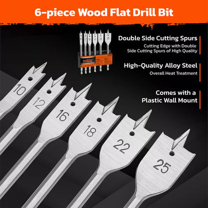 6-Pieces Flat Wood Boring Spade Drill Bit Drillbits 10-25mm Bits