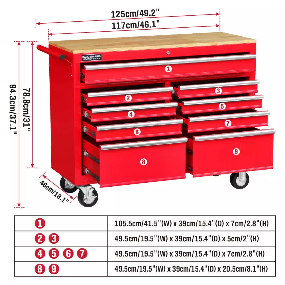 9 Drawers Tool Box Chest Cabinet Trolley Box Garage Storage