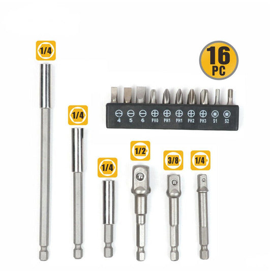 16Pack Socket Bit Adaptor Power Drill Nut Driver Extension Screwdriver