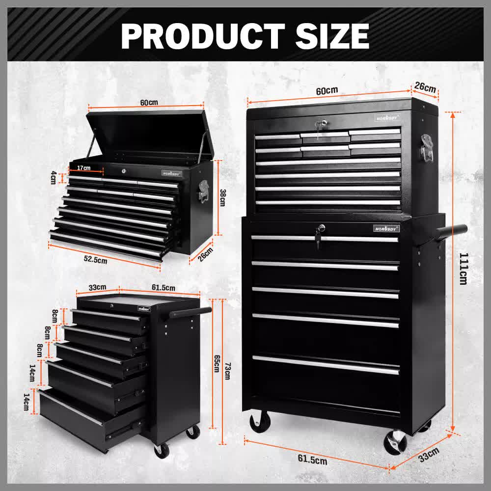 Black15 Drawer Tool Box Trolley Cabinet Storage Cart Garage Toolbox
