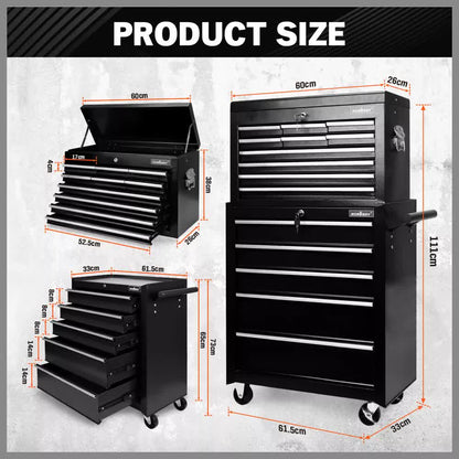 Black15 Drawer Tool Box Trolley Cabinet Storage Cart Garage Toolbox