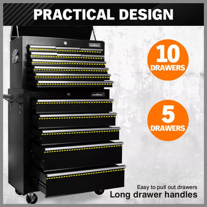 Black15 Drawer Tool Box Trolley Cabinet Storage Cart Garage Toolbox