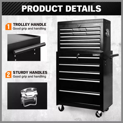Black15 Drawer Tool Box Trolley Cabinet Storage Cart Garage Toolbox