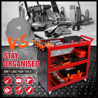 3-Tier Heavy-Duty Steel Tool Trolley - Workshop Cart with Pegboard,