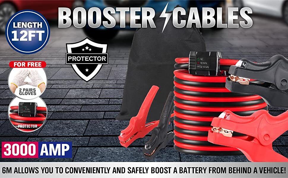 12FT Jumper Leads 3000AMP Heavy-Duty Booster Cables Reverse Polarity Protection