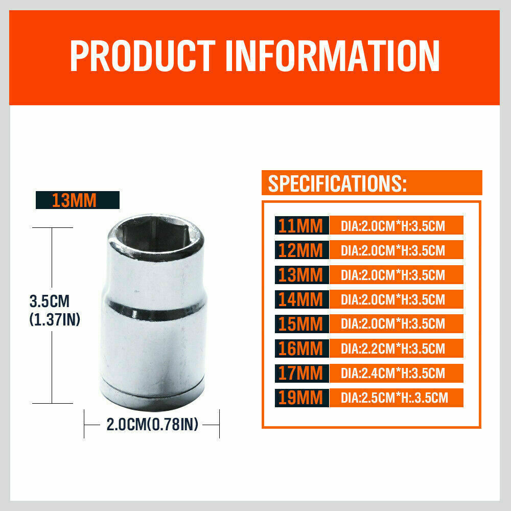8Pack Metric Socket 1/2" Drive 11MM - 19MM For Wrench
