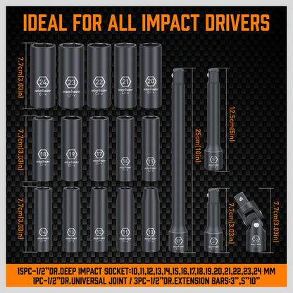 19Pack Deep Socket Impact 1/2" Drive Extension Bars Flexible Adapter