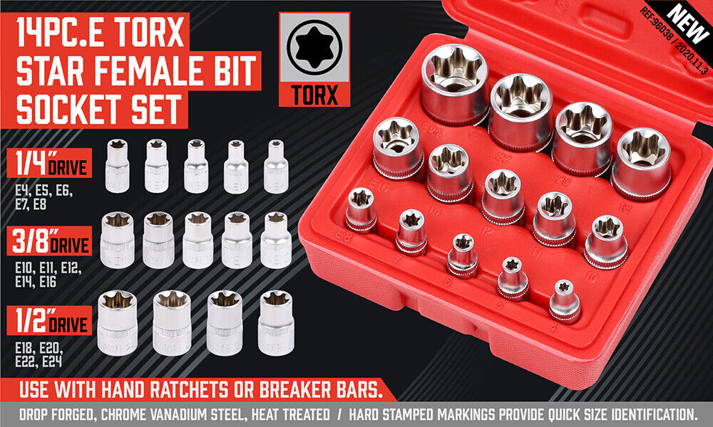 14Pack E Torx Socket Female Start Bit External Hex Torque