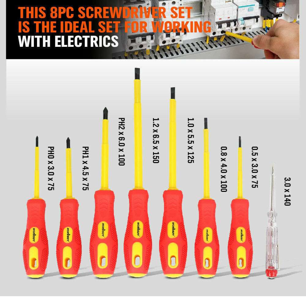 8Pack Insulated Screwdriver Magnetic Slotted Phillips Electricians With Case