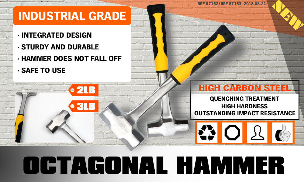 2LB+3LB Steel Hammer Double Octagonal Heavy-Duty Solid Forged Rubber Grip