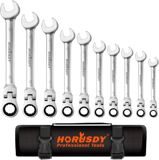 10Pack Flexible Head Ratchet Spanner Metric Wrench CRV With Carry