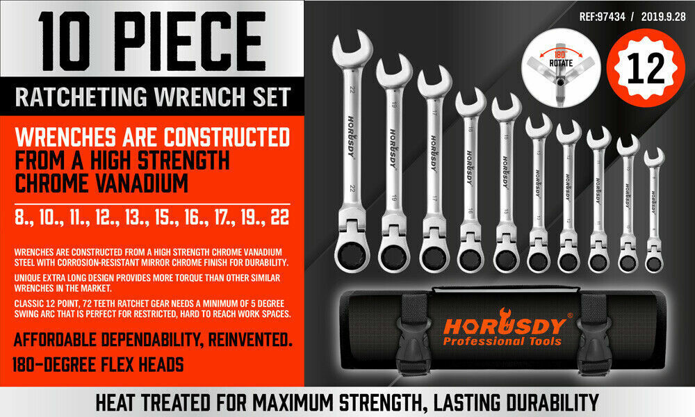 10Pack Flexible Head Ratchet Spanner Metric Wrench CRV With Carry
