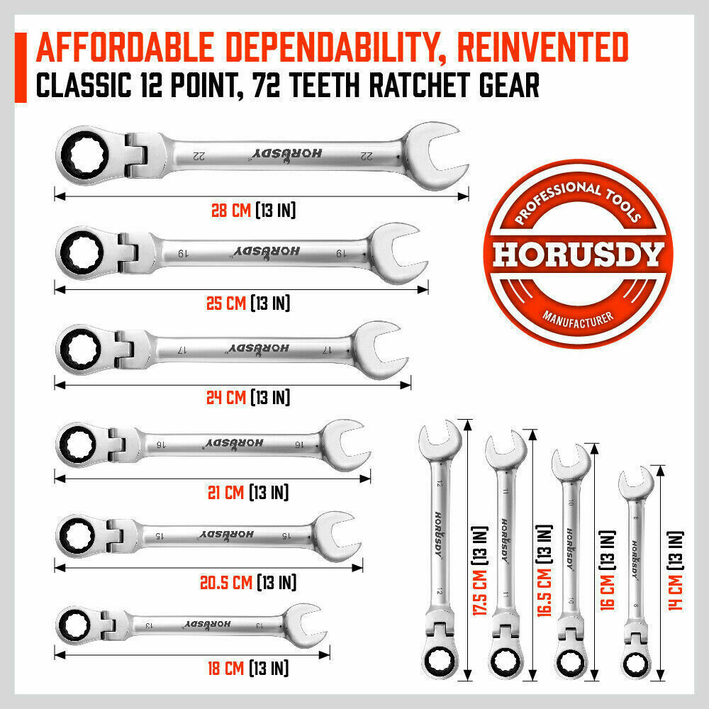 10Pack Flexible Head Ratchet Spanner Metric Wrench CRV With Carry