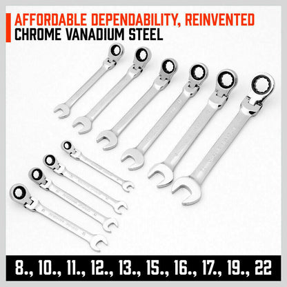 10Pack Flexible Head Ratchet Spanner Metric Wrench CRV With Carry